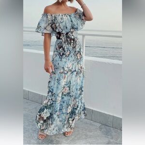 Off-Shoulder Blue Floral Maxi Dress